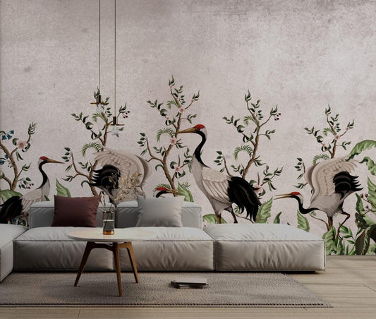 Crane Bird Among The Trees Wallpaper, Bohemian Wallpaper, Nature Mural, Peel and Stick Wallpaper, Stylish Room Design, Tropical Wallpaper