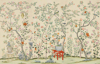 Rose Tree And Birds Beige Background Wallpaper, Trees Wallpaper, Romantic Wall Mural, Peel and Stick Wallpaper, Drawing Wallpaper