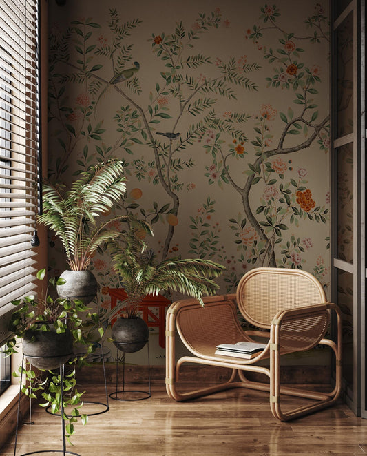 Rose Tree And Birds Beige Background Wallpaper, Trees Wallpaper, Romantic Wall Mural, Peel and Stick Wallpaper, Drawing Wallpaper