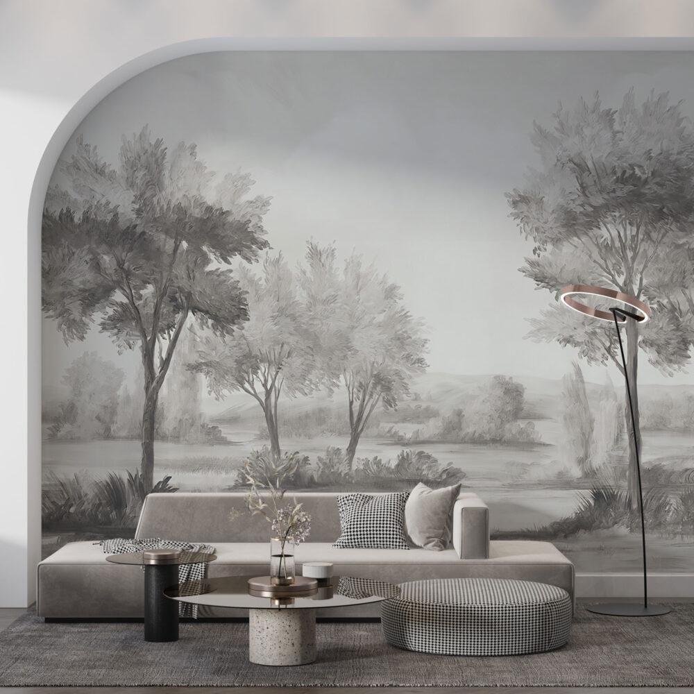 Grey Tone Savanna Trees Wallpaper, Soft Drawwing Wallpaper, Bohemian Wallpaper, Trees Mural, Peel and Stick Wallpaper, Stylish Wall Design