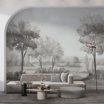 Grey Tone Savanna Trees Wall Mural | Bohemian Pencil Drawing Wallpaper
