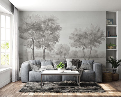 Grey Tone Savanna Trees Wall Mural | Bohemian Pencil Drawing Wallpaper