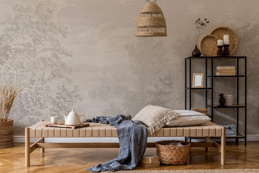 Valley View in Soft Tones Trees Wallpaper, Soft Drawwing Wallpaper, Bohemian Wallpaper, Trees Mural, Peel and Stick Wallpaper, Wall Design
