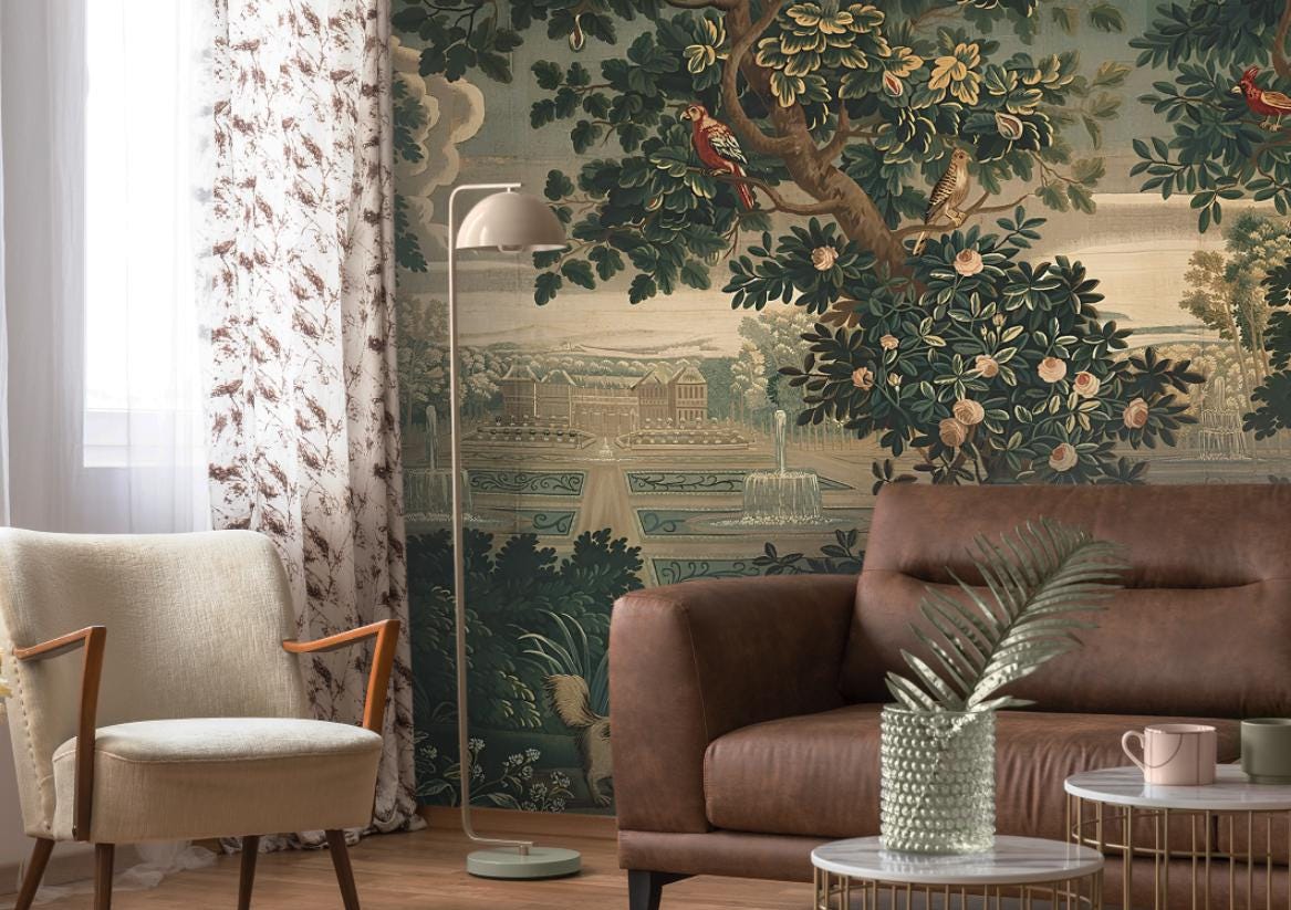Birds and Rose Tree in Palace Garden Wallpaper, Bohemian Wallpaper, Trees Mural, Peel and Stick Wallpaper, Wall Design, Nostalgic Wallpaper