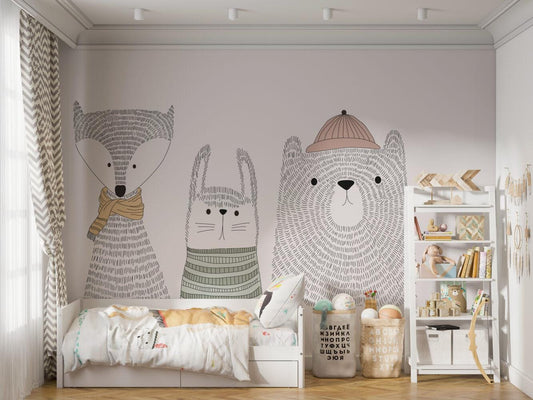 Cute Animals in Linear Gray Tones Wallpaper For Kid'sroom, Wallpaper Nursery, Childrens Wallpaper , Peel and Stick Wallpaper, Baby Wallpaper