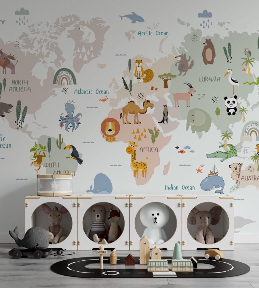 World Map Small Animal friends Wallpaper For Kidsroom, Childrens Wallpaper , Peel and Stick Wall Mural Nursery, Cute Animals, Baby Wallpaper