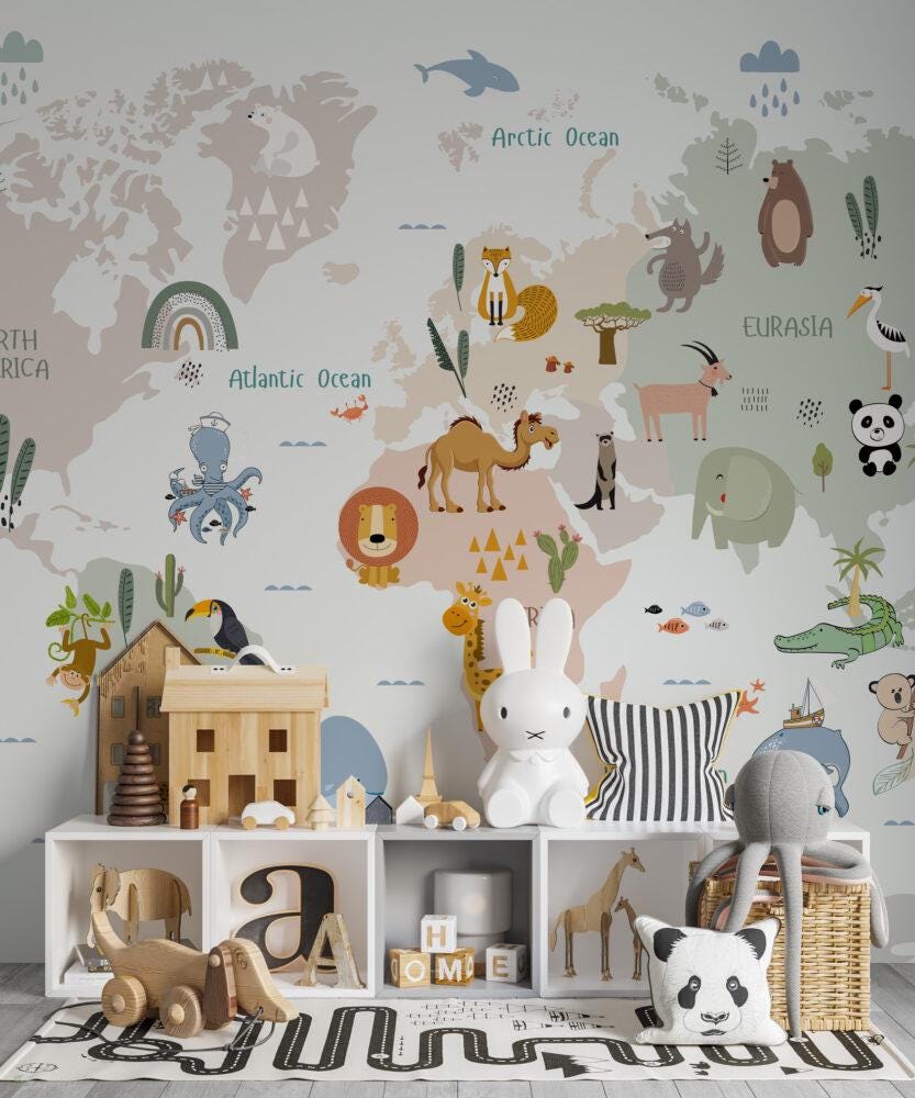 World Map Small Animal friends Wallpaper For Kidsroom, Childrens Wallpaper , Peel and Stick Wall Mural Nursery, Cute Animals, Baby Wallpaper