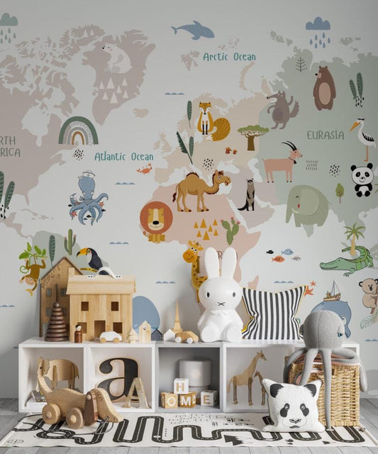 World Map Small Animal friends Wallpaper For Kidsroom, Childrens Wallpaper , Peel and Stick Wall Mural Nursery, Cute Animals, Baby Wallpaper