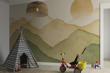 Mountain landscape in boho colors Wallpaper For Kidsroom, Wallpaper Nursery, Child Wallpaper, Peel and Stick Wallpaper, Watercolor Wallpaper