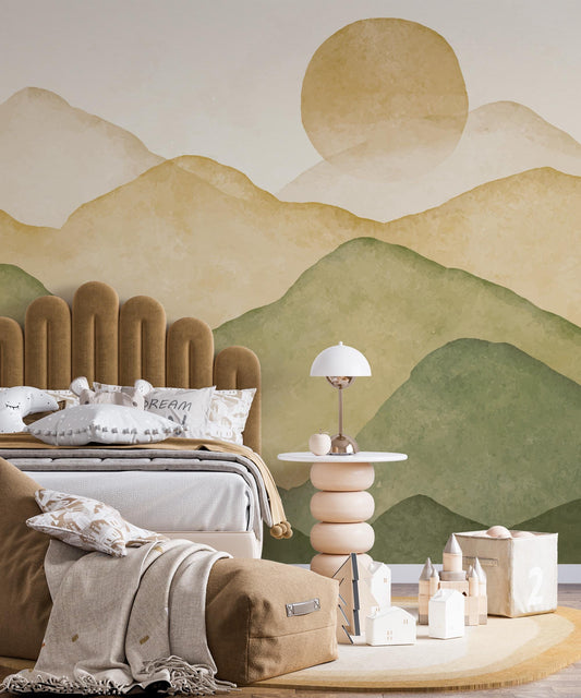 Mountain landscape in boho colors Wallpaper For Kidsroom, Wallpaper Nursery, Child Wallpaper, Peel and Stick Wallpaper, Watercolor Wallpaper