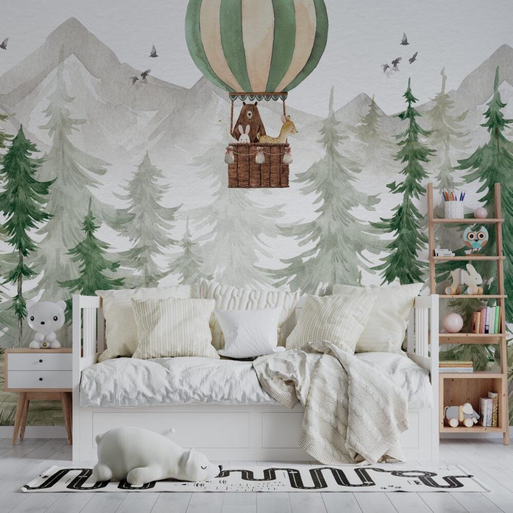Animals in Balloons in the Forest with Watercolor Effect Wallpaper For Kidsroom, Trees Wallpaper Nursery ,  Baby Peel and Stick Wall Mural