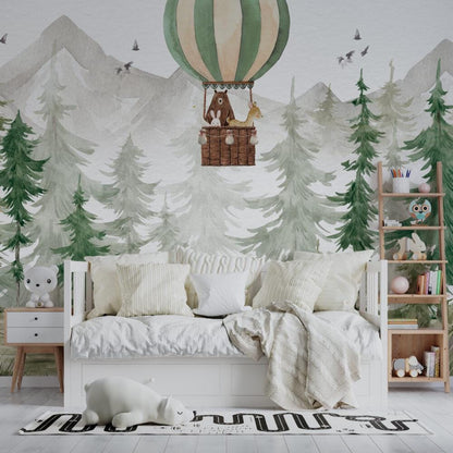 Animals in Balloons in the Forest with Watercolor Effect Wallpaper For Kidsroom, Trees Wallpaper Nursery ,  Baby Peel and Stick Wall Mural