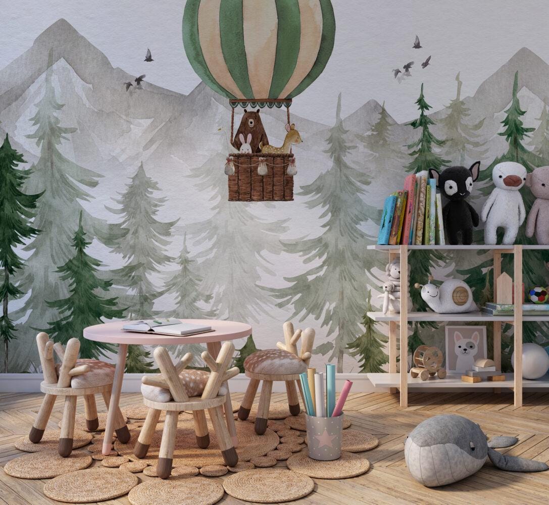 Animals in Balloons in the Forest with Watercolor Effect Wallpaper For Kidsroom, Trees Wallpaper Nursery ,  Baby Peel and Stick Wall Mural