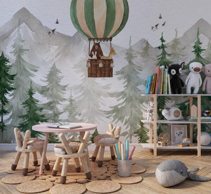 Animals in Balloons in the Forest with Watercolor Effect Wallpaper For Kidsroom, Trees Wallpaper Nursery ,  Baby Peel and Stick Wall Mural