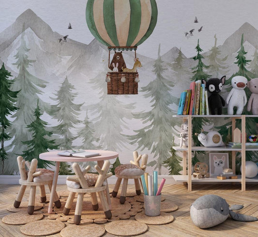 Animals in Balloons in the Forest with Watercolor Effect Wallpaper For Kidsroom, Trees Wallpaper Nursery ,  Baby Peel and Stick Wall Mural