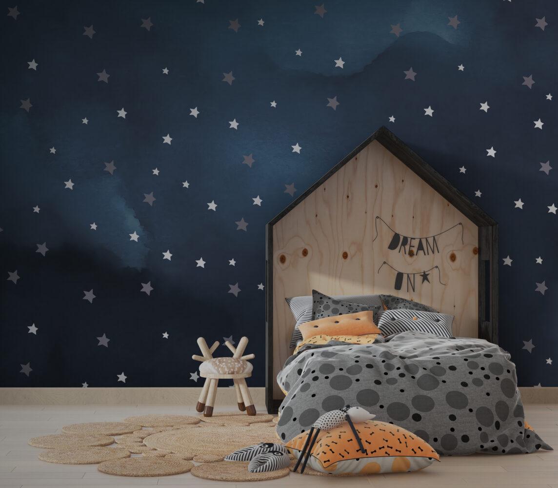 Sky And Star Pattern Wallpaper For Kidsroom, Wallpaper Nursery, Child Wallpaper, Peel and Stick Baby Wallpaper, Navy Blue Wallpaper