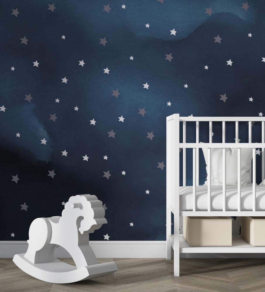 Sky And Star Pattern Wallpaper For Kidsroom, Wallpaper Nursery, Child Wallpaper, Peel and Stick Baby Wallpaper, Navy Blue Wallpaper