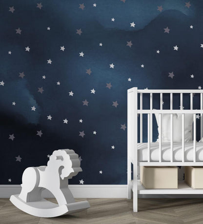 Sky And Star Pattern Wallpaper For Kidsroom, Wallpaper Nursery, Child Wallpaper, Peel and Stick Baby Wallpaper, Navy Blue Wallpaper