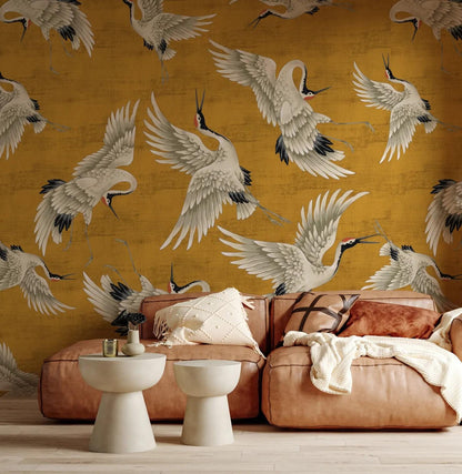 Stork Motif Wallpaper, Bohemian Wallpaper, Nature Mural, Peel and Stick Wallpaper, Stylish Room Design, Tropical Wallpaper, Yellow Wallpaper