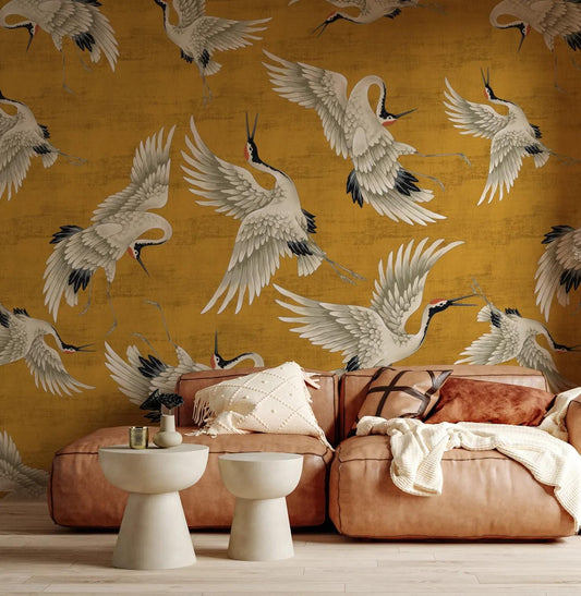 Stork Motif Wallpaper, Bohemian Wallpaper, Nature Mural, Peel and Stick Wallpaper, Stylish Room Design, Tropical Wallpaper, Yellow Wallpaper