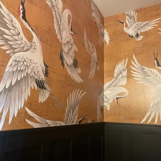 Stork Motif Wallpaper, Bohemian Wallpaper, Nature Mural, Peel and Stick Wallpaper, Stylish Room Design, Tropical Wallpaper, Yellow Wallpaper