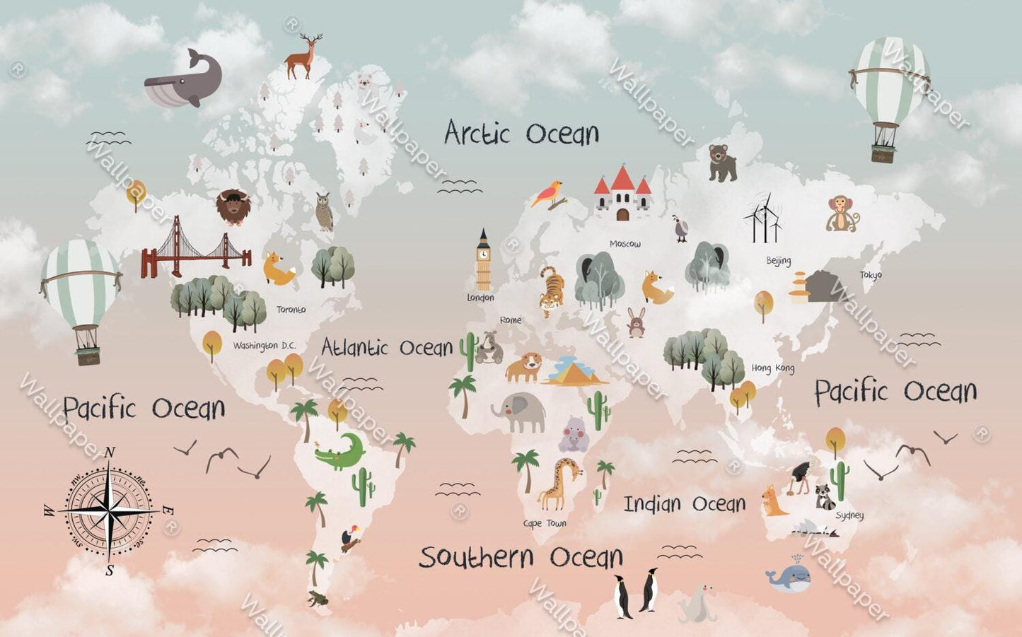 Sky Patterned Children's Map with Animals Wallpaper For Kidsroom, Children Wallpaper , Peel and Stick Wallpaper Nursery, Baby Mural