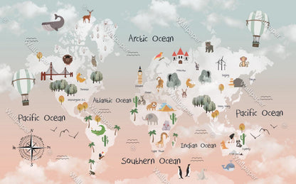 Sky Patterned Children's Map with Animals Wallpaper For Kidsroom, Children Wallpaper , Peel and Stick Wallpaper Nursery, Baby Mural