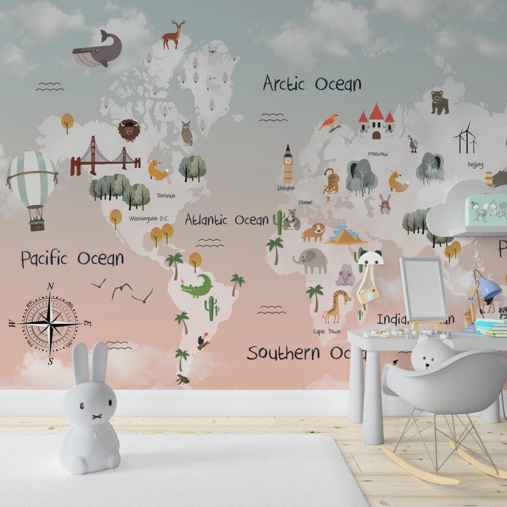 Sky Patterned Children's Map with Animals Wallpaper For Kidsroom, Children Wallpaper , Peel and Stick Wallpaper Nursery, Baby Mural
