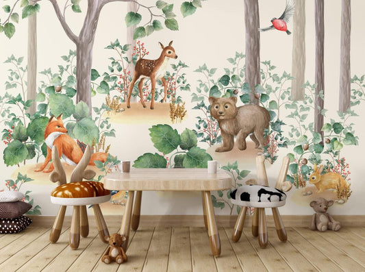 Cute Forest Animals and Bambi Wallpaper For Kidsroom, Trees Wallpaper Nursery , Nature Childrens Wallpaper , Peel and Stick Wallpaper