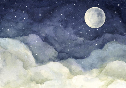 Watercolor Moonlight full moon wallpaper For Kidsroom, Wallpaper Nursery, Child Wallpaper, Peel and Stick Baby Wallpaper, Blue Sky Wallpaper
