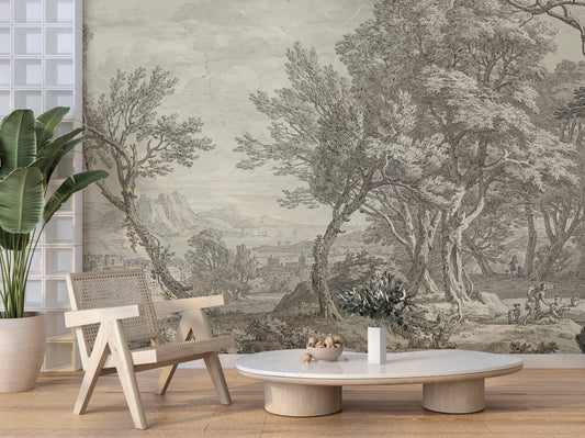 Black and White Forest and City Wallpaper, Mystic Wallpaper, Trees Mural, Peel and Stick Wallpaper, Design Wallpaper, Modern Mural