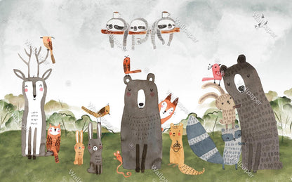 Cute Animals Wallpaper with Watercolor Look, Bear Wallpaper Nursery , Nature Childrens Wallpaper , Peel and Stick Wallpaper, Baby Wallpaper