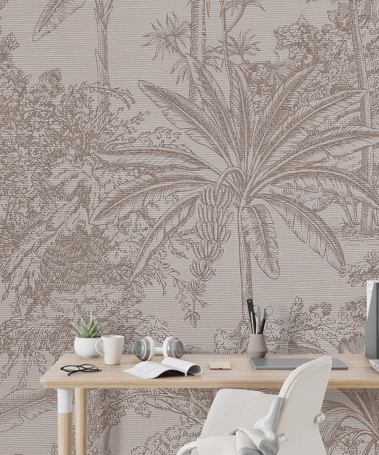 Tropical Pattern Wallpaper in Linear Beige Tone, Peel and Stick Wallpaper, Stylish Room Design, Tropical Wallpaper, Palm Trees Mural