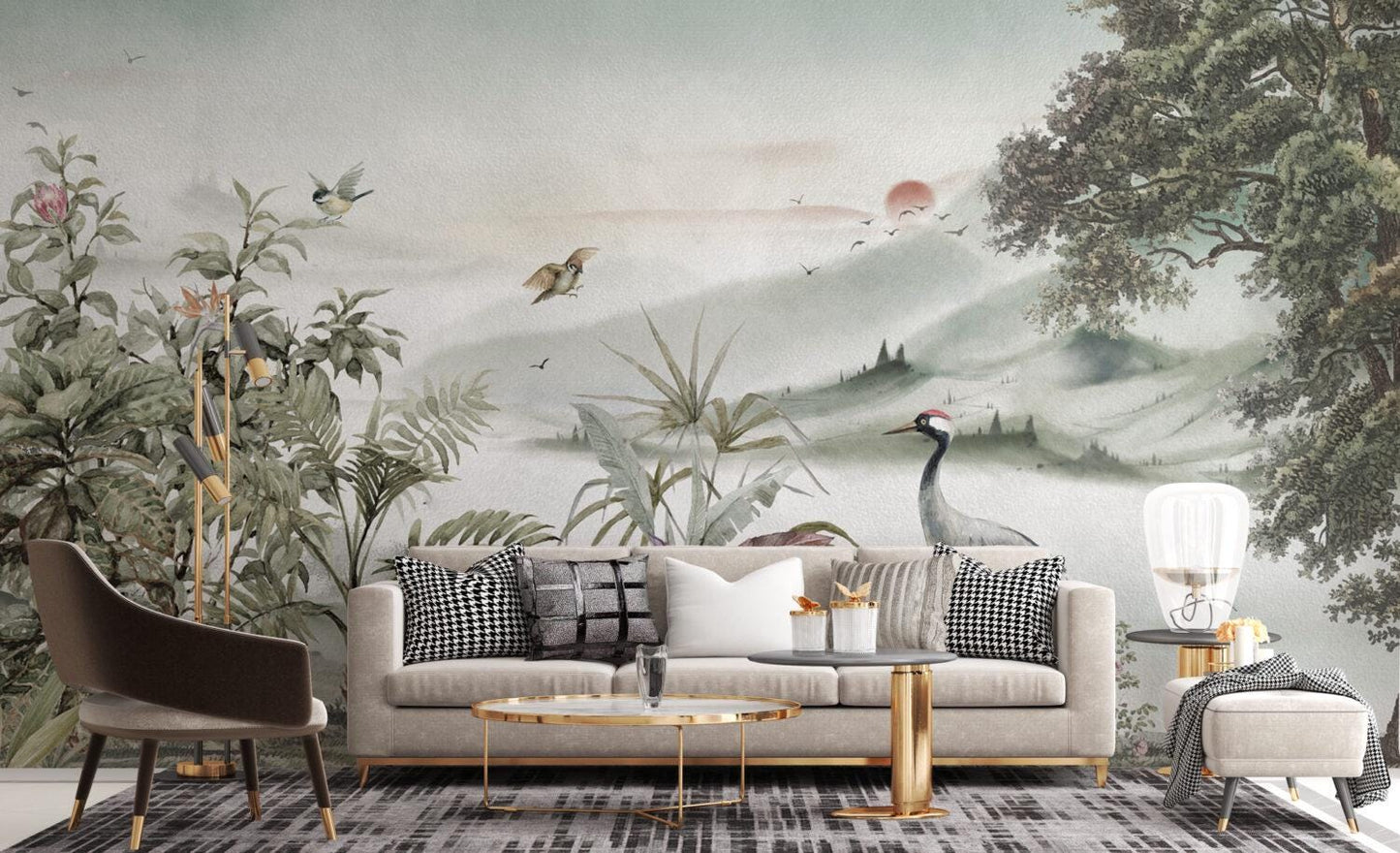 Stork and Flashy Wallpaper in Beige Soft Tones, Calm Designed Wallpaper, Nature Wall Mural, Peel and Stick Wallpaper, Tropical Wallpaper