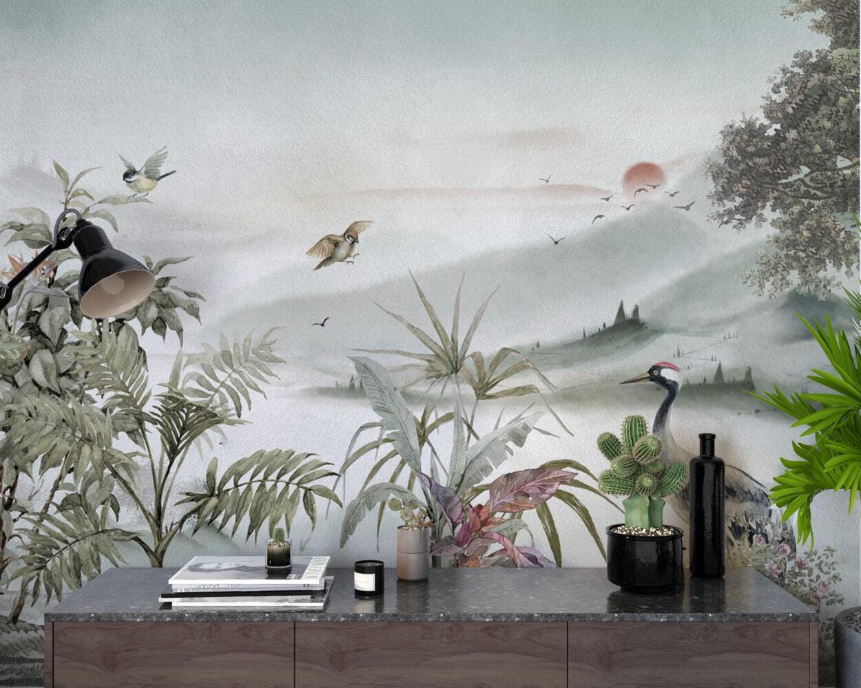 Stork and Flashy Wallpaper in Beige Soft Tones, Calm Designed Wallpaper, Nature Wall Mural, Peel and Stick Wallpaper, Tropical Wallpaper