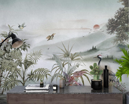 Stork and Flashy Wallpaper in Beige Soft Tones, Calm Designed Wallpaper, Nature Wall Mural, Peel and Stick Wallpaper, Tropical Wallpaper