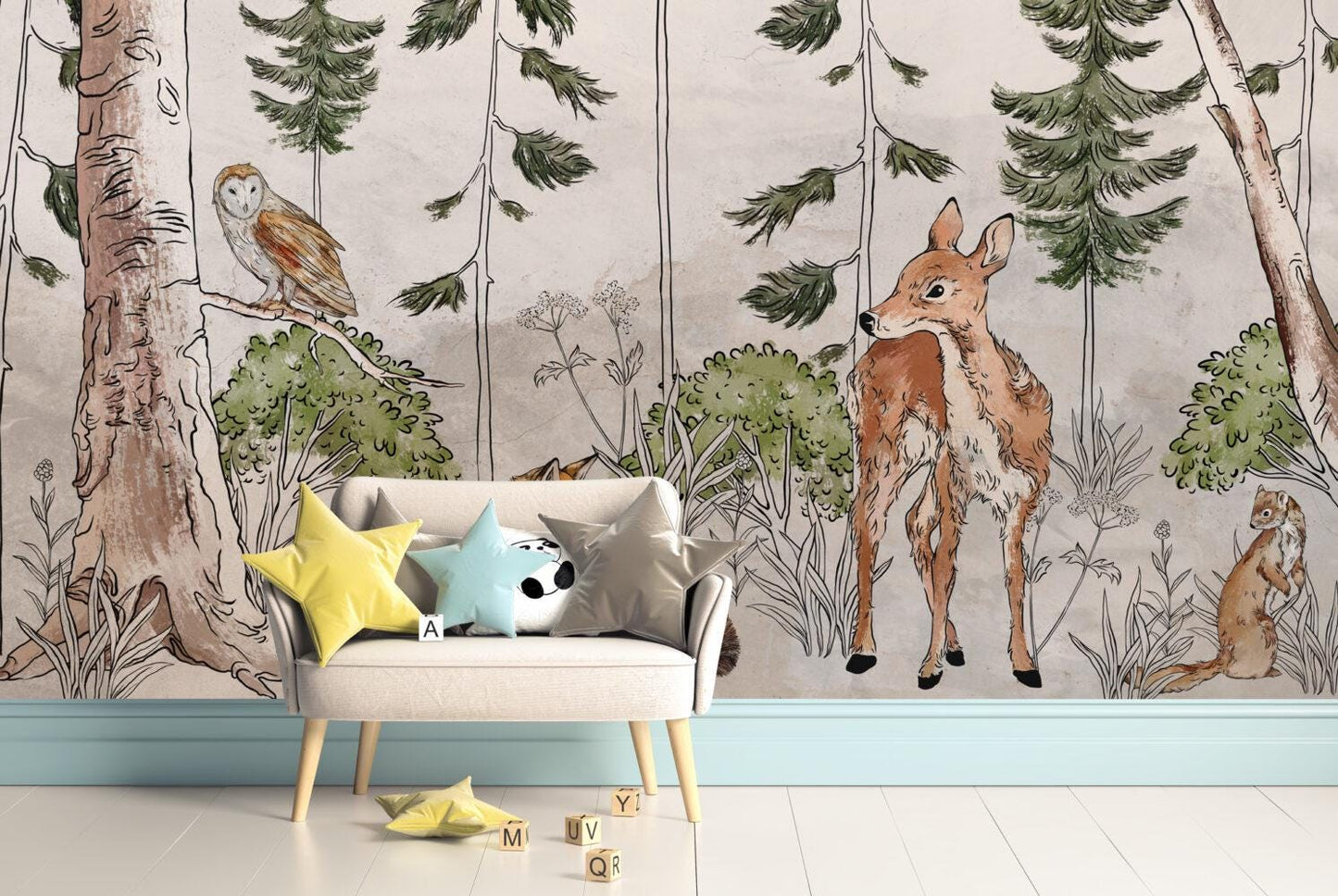Wild Jungle Cartoon Animals Wallpaper For Kidsroom, Childrens Wallpaper, Wall Mural Nursery,  Gazelle, Wolf, Owl, Hedgehog Wallpaper