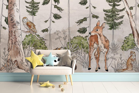 Wild Jungle Cartoon Animals Wallpaper For Kidsroom, Childrens Wallpaper, Wall Mural Nursery,  Gazelle, Wolf, Owl, Hedgehog Wallpaper