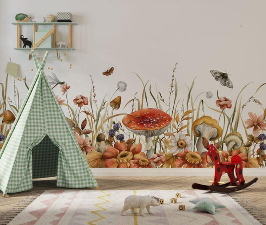 Mushrooms in the Forest Wallpaper For Kidsroom, Wallpaper Nursery, Nature Childrens Wallpaper, Butterfly Wall Mural, Baby Girl Wallpaper