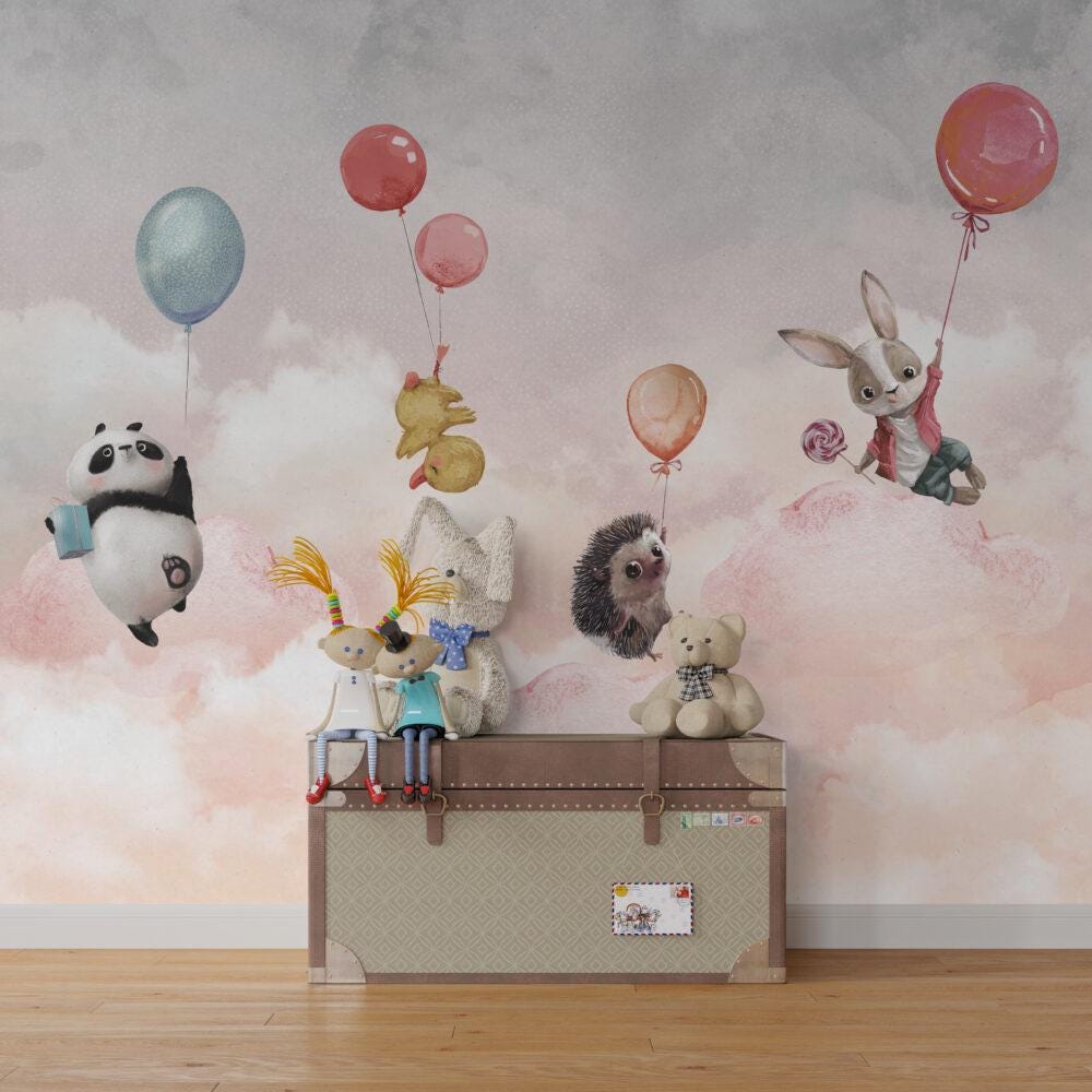 Cute Animals Holding on Balloons Wallpaper For Kidsroom, Cute Animals Wallpaper Nursery, Childrens Wallpaper , Peel and Stick Baby Wallpaper