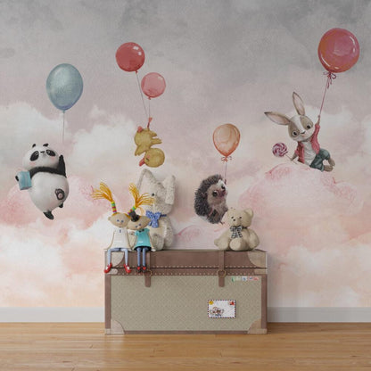 Cute Animals Holding on Balloons Wallpaper For Kidsroom, Cute Animals Wallpaper Nursery, Childrens Wallpaper , Peel and Stick Baby Wallpaper