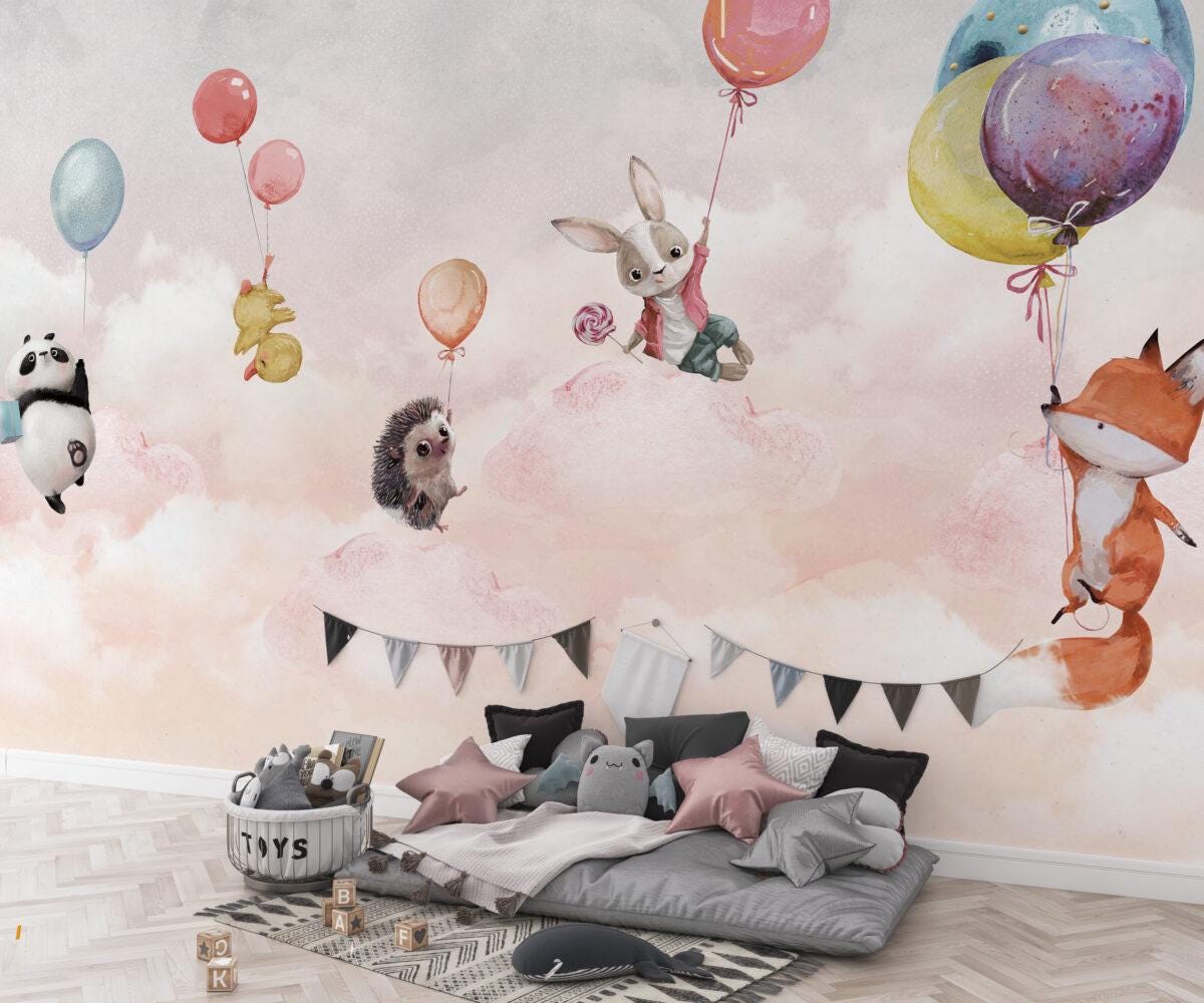 Cute Animals Holding on Balloons Wallpaper For Kidsroom, Cute Animals Wallpaper Nursery, Childrens Wallpaper , Peel and Stick Baby Wallpaper