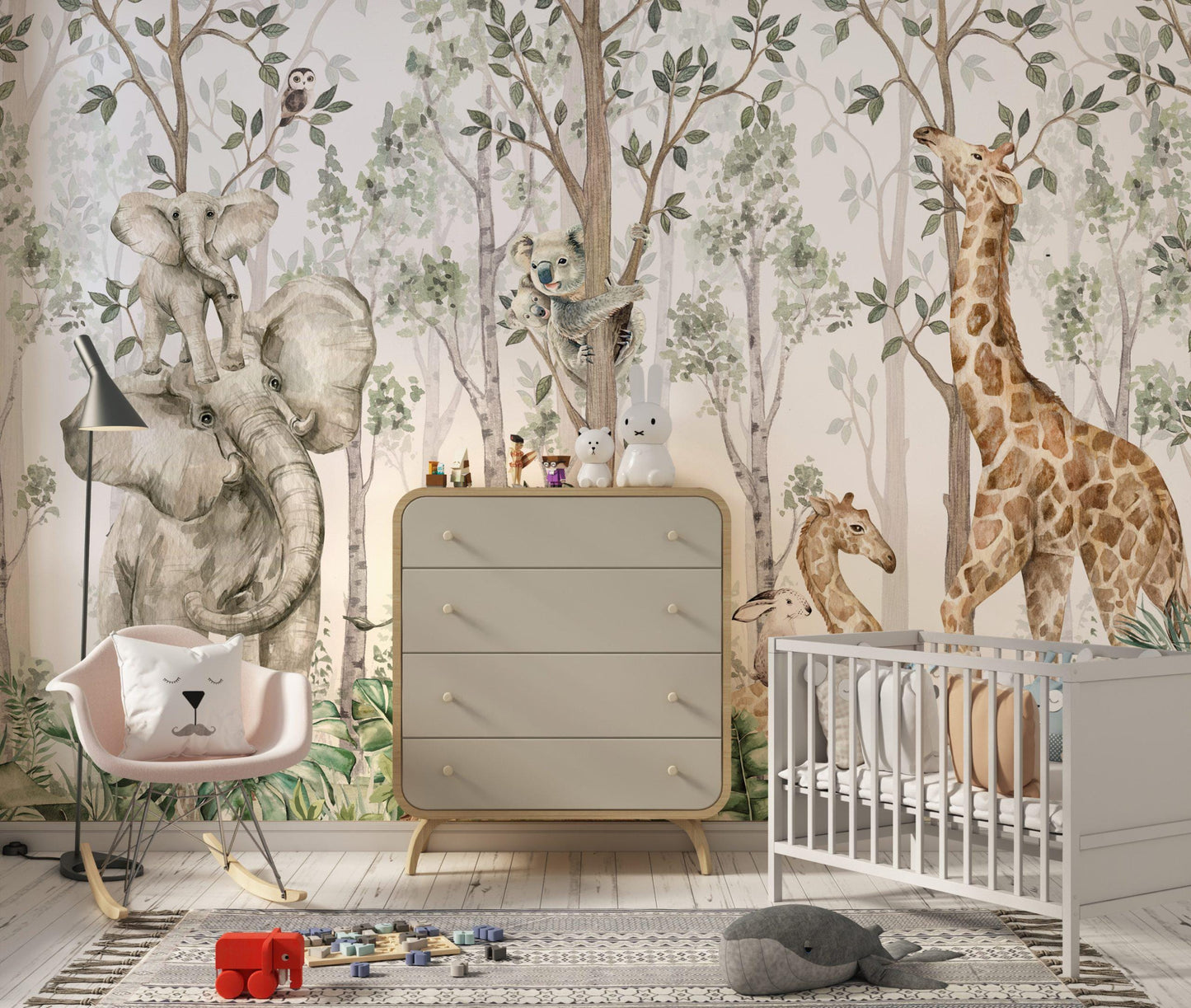 The forest and its animal friends Wallpaper For Kidsroom, Childrens Wallpaper, Wall Mural Nursery, Safari Wallpaper, Jungle Wallpaper