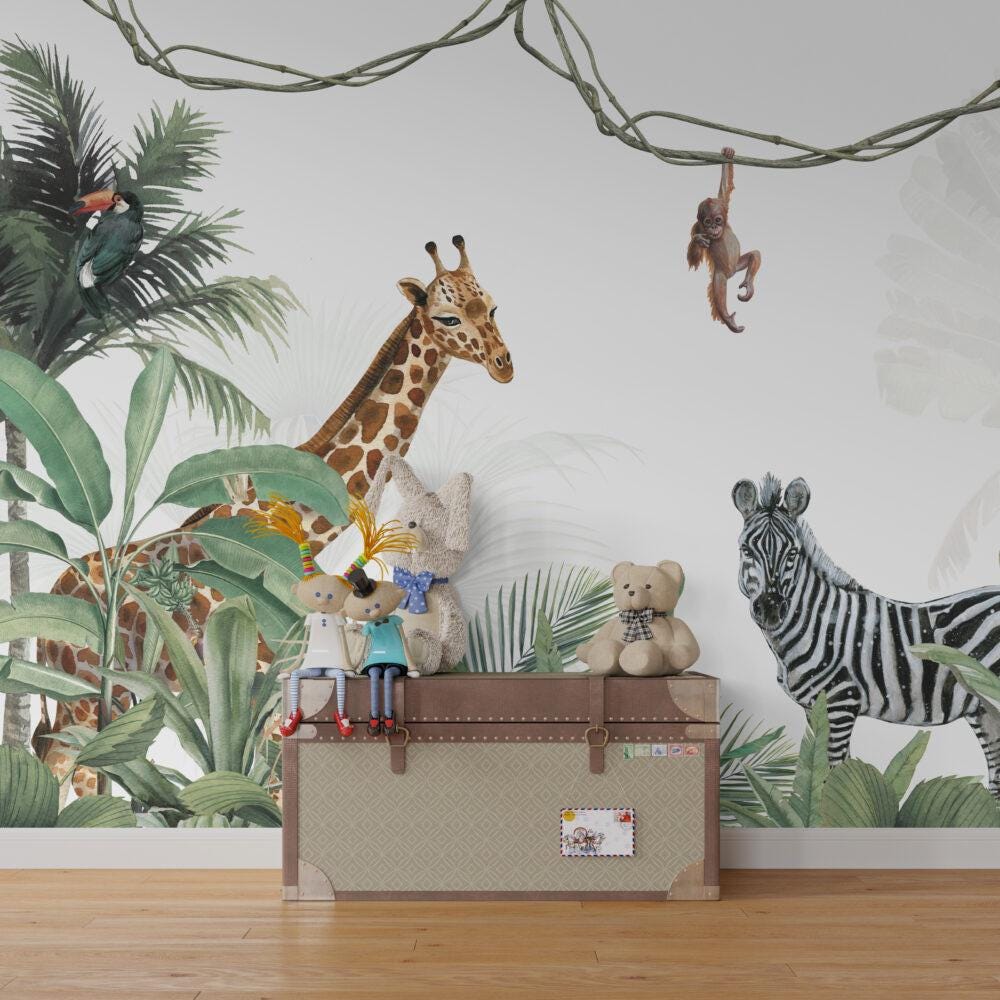 Sleepy Leopard and Friends in the Tropical Forest Wallpaper For Kidsroom, Childrens Wallpaper, Wall Mural Nursery, Wild Jungle Wallpaper