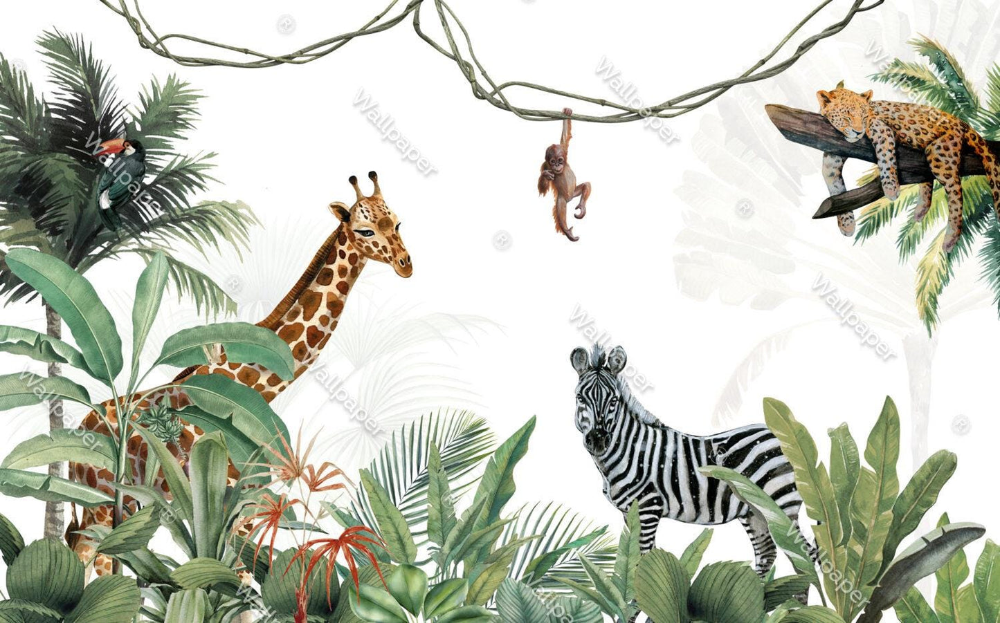 Sleepy Leopard and Friends in the Tropical Forest Wallpaper For Kidsroom, Childrens Wallpaper, Wall Mural Nursery, Wild Jungle Wallpaper
