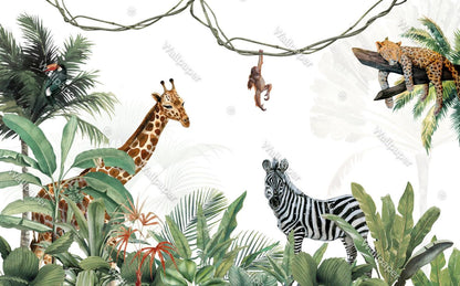 Sleepy Leopard and Friends in the Tropical Forest Wallpaper For Kidsroom, Childrens Wallpaper, Wall Mural Nursery, Wild Jungle Wallpaper