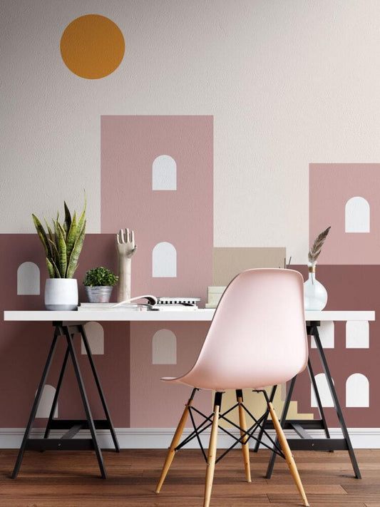 Pictorial City View Wallpaper For Kidsroom, Soft Pink Wallpaper Nursery, Childroom Wallpaper, Peel and Stick Wallpaper, Watercolor Wallpaper