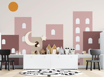 Pictorial City View Wallpaper For Kidsroom, Soft Pink Wallpaper Nursery, Childroom Wallpaper, Peel and Stick Wallpaper, Watercolor Wallpaper