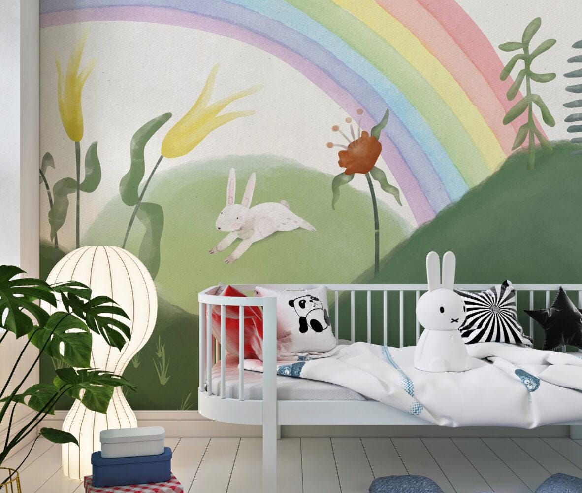Rabbits with Mountain Figures 3D Children's Wallpaper, illustration Wallpaper Nursery, Peel and Stick Wallpaper, Watercolor Child Wallpaper