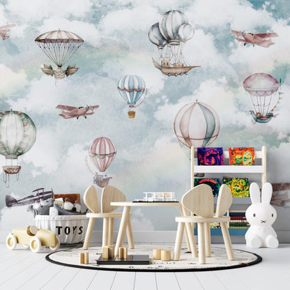 Balloons Flying in the Sky Wallpaper For Kidsroom, Cute Animals Wallpaper Nursery, Soft Childrens Wallpaper , Peel and Stick Baby Wallpaper
